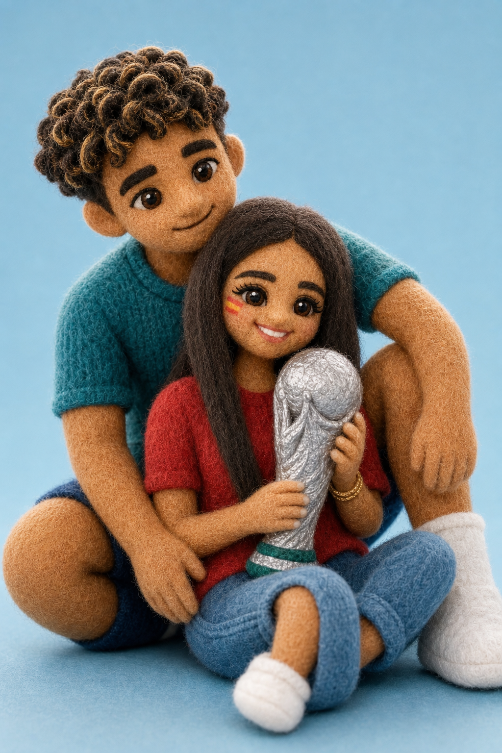 Plush football couple with teal jersey trophy