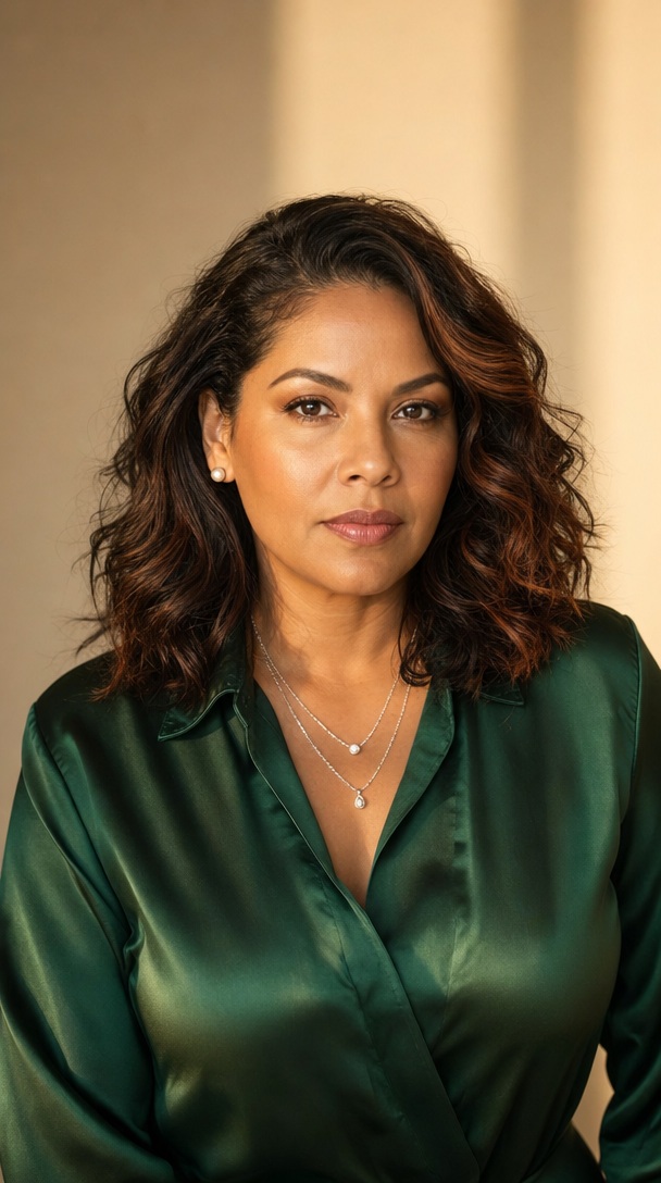 Confident Mature Woman in Emerald Studio Portrait