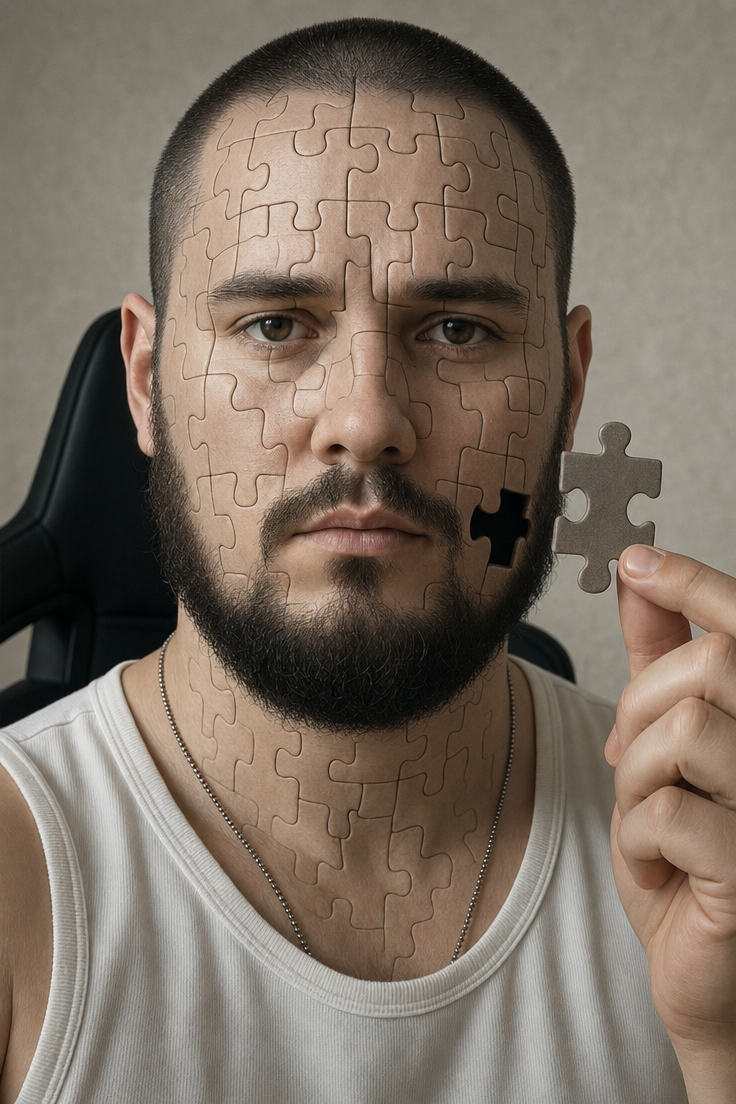 Puzzle-faced man holding a piece