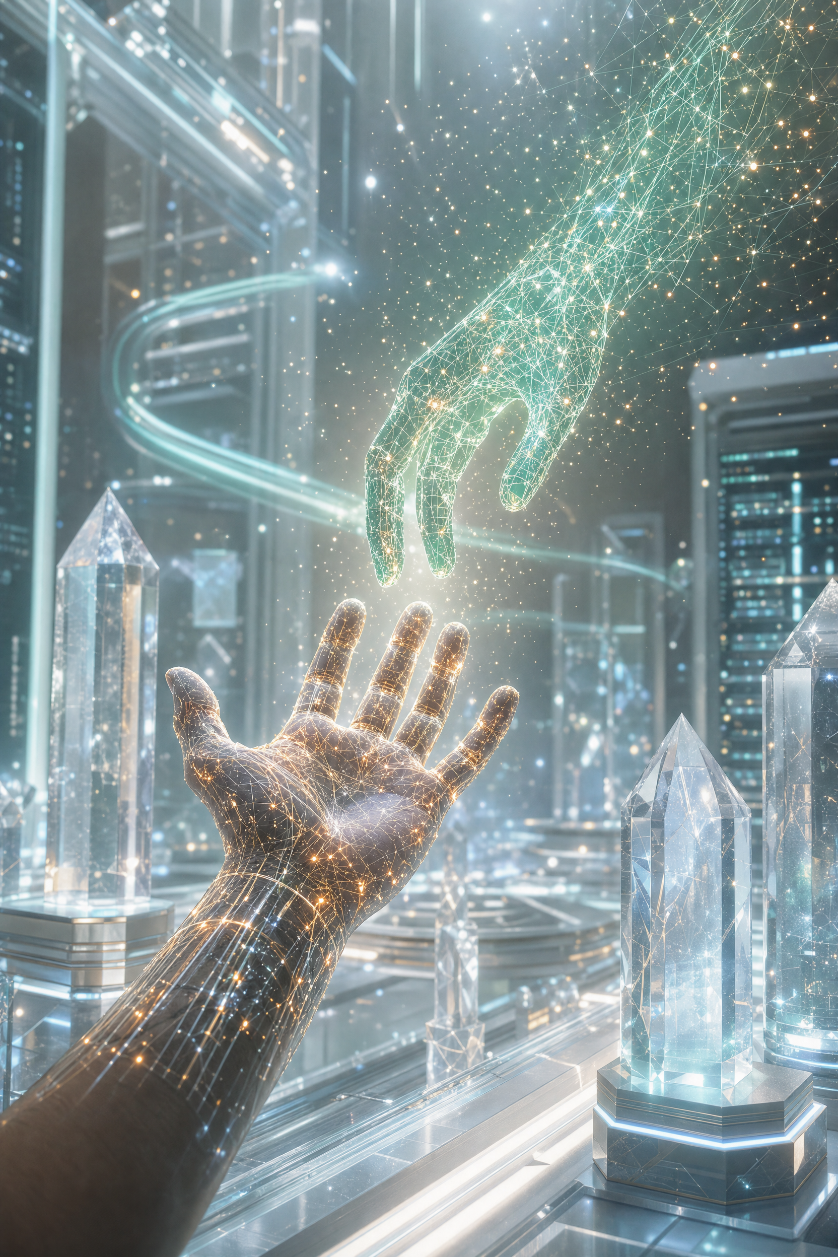Quantum Genesis: Digital Hands Converging