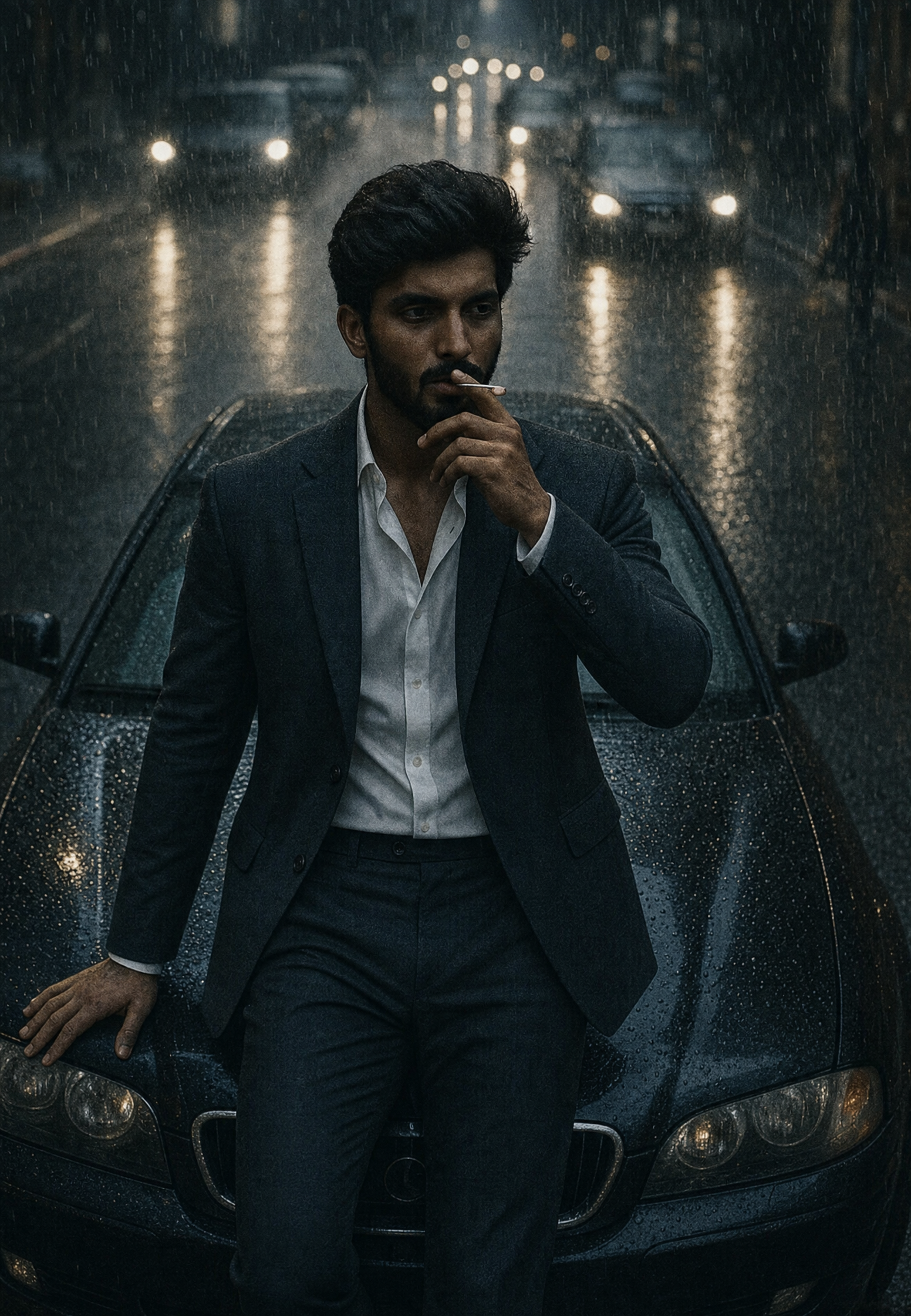 Rainy city noir by black sports car