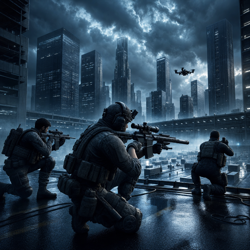 Rainy Rooftop Raid Above Futuristic City