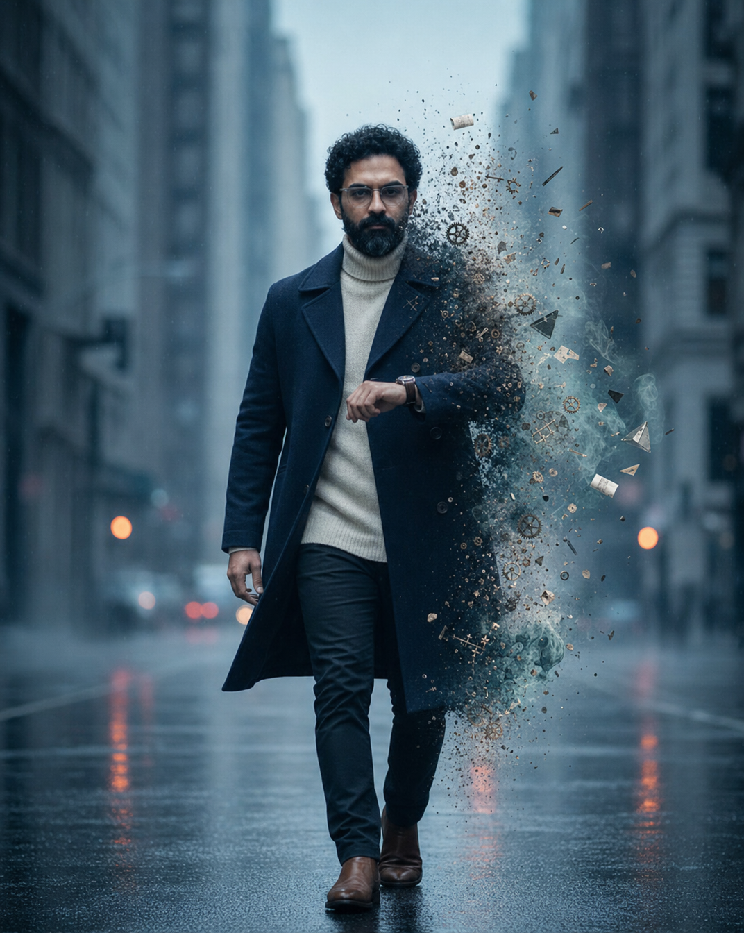 Rainy Street Fashion with Clockwork Shards