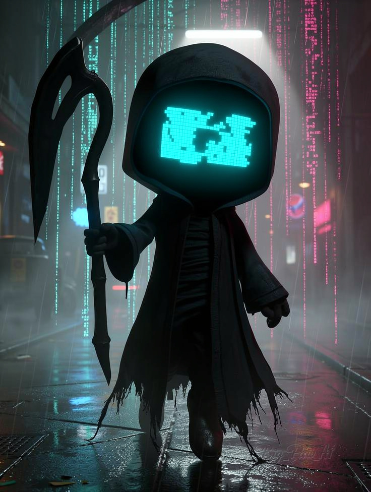 Reaper Figure in Cyan Neon Rain — flux-2-pro
