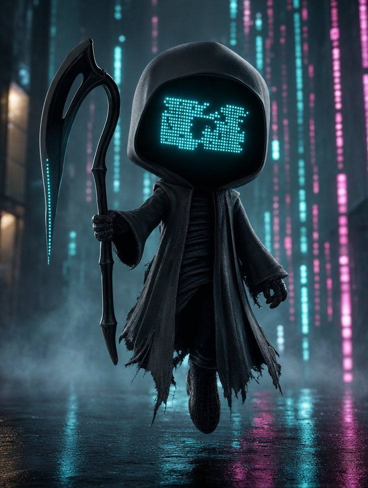 Reaper Figure in Cyan Neon Rain