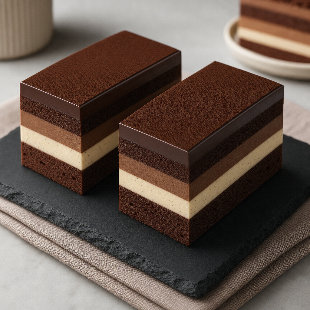 Rectangular chocolate mousse cakes with matte slate