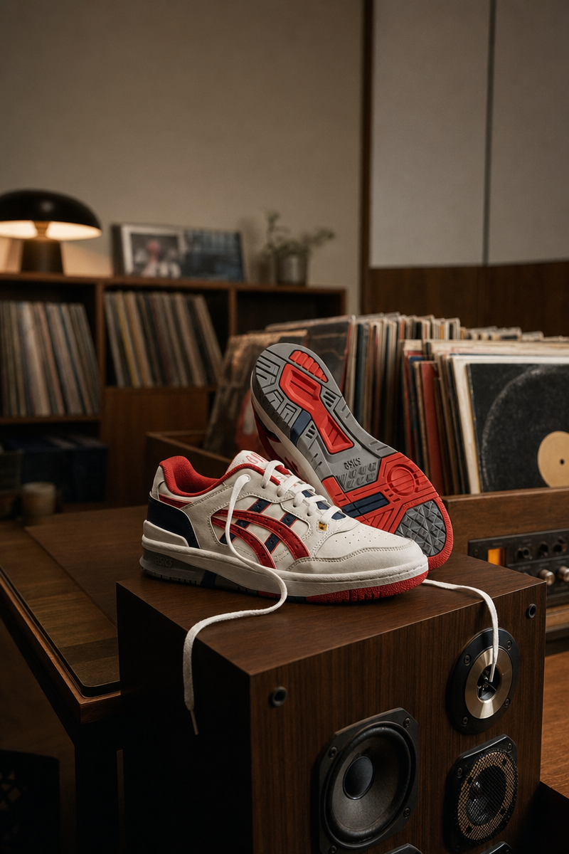 Red and navy retro sneakers still life