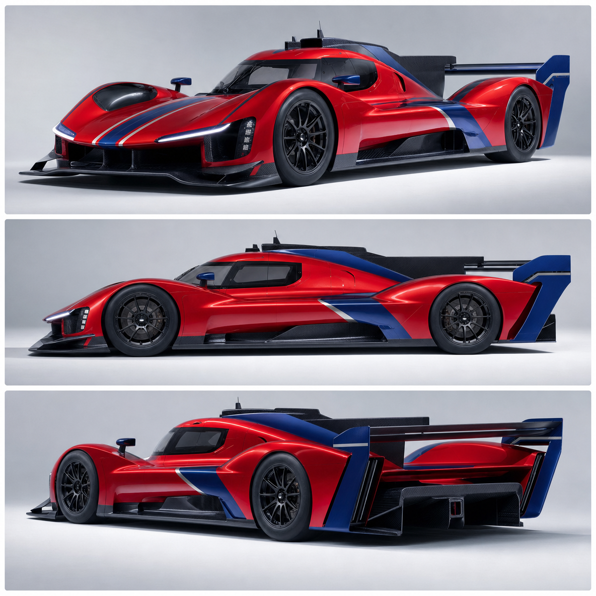 Red endurance race car with blue silver accents