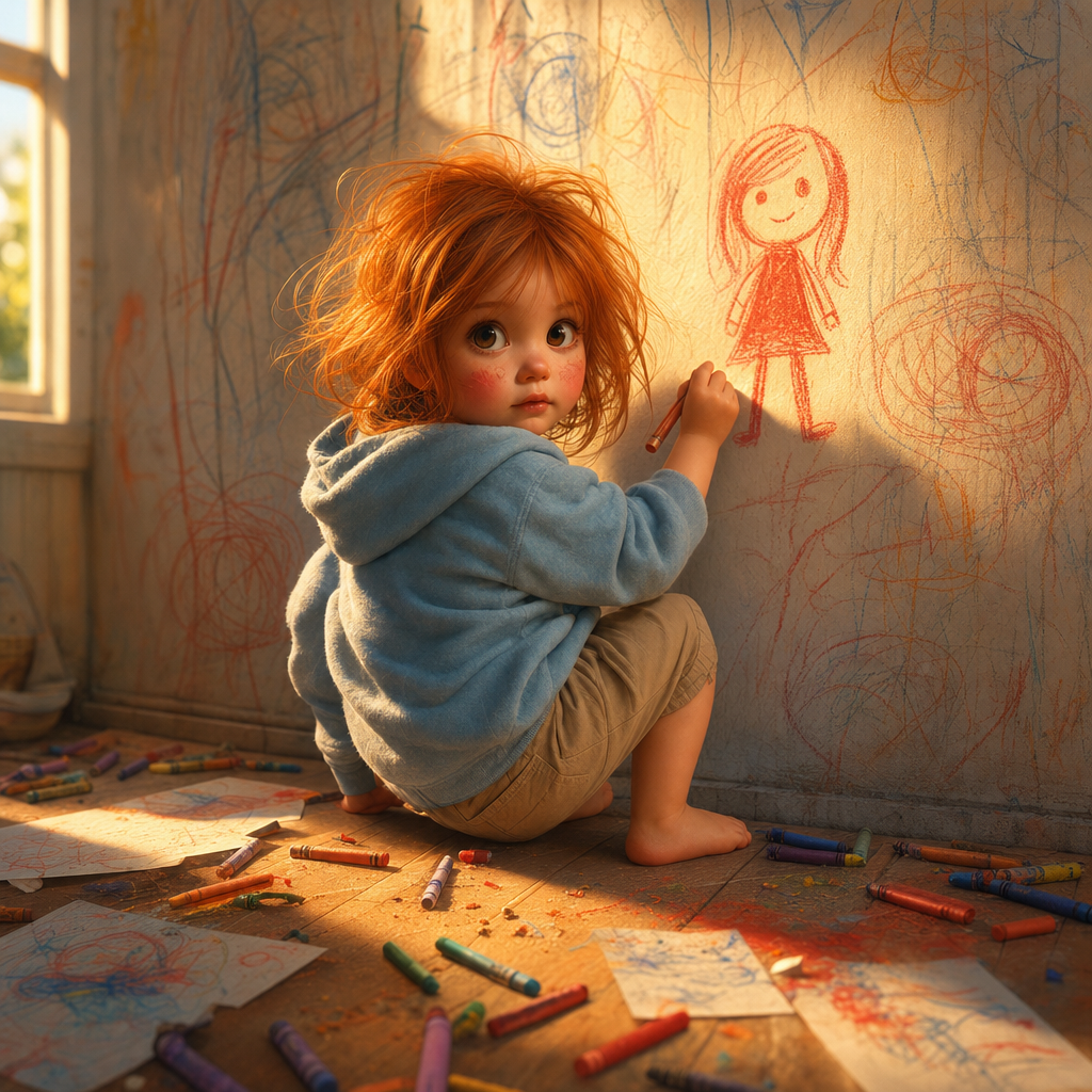 Red-haired child in blue hoodie drawing on wall