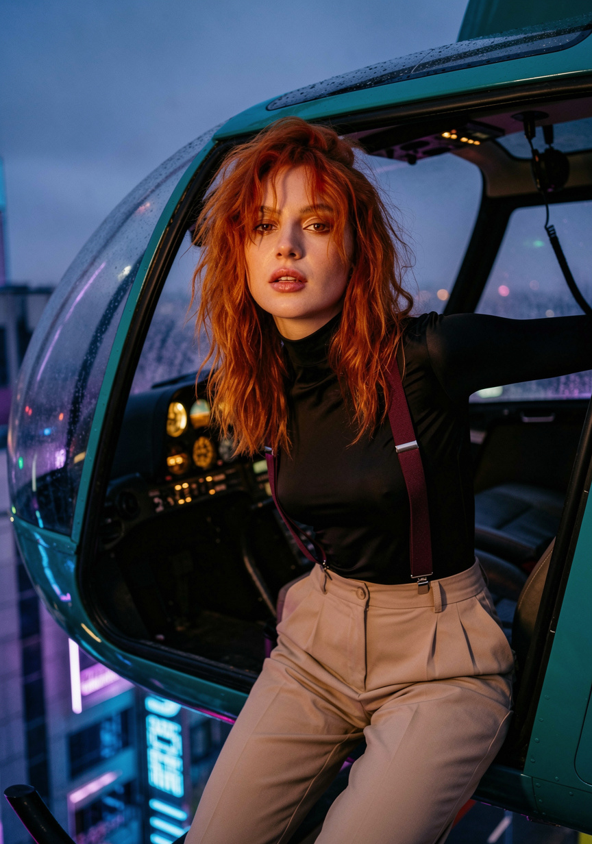Red-Haired Woman in Teal Helicopter