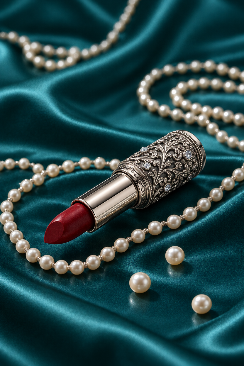 Red lipstick with silver jeweled case on teal satin