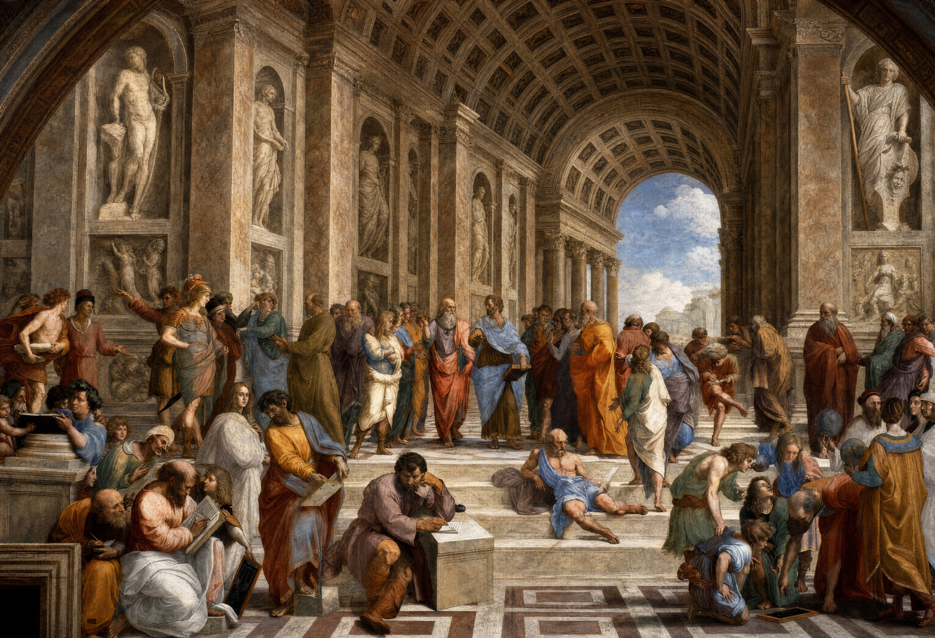 Renaissance Scholars in Ornate Vaulted Hall