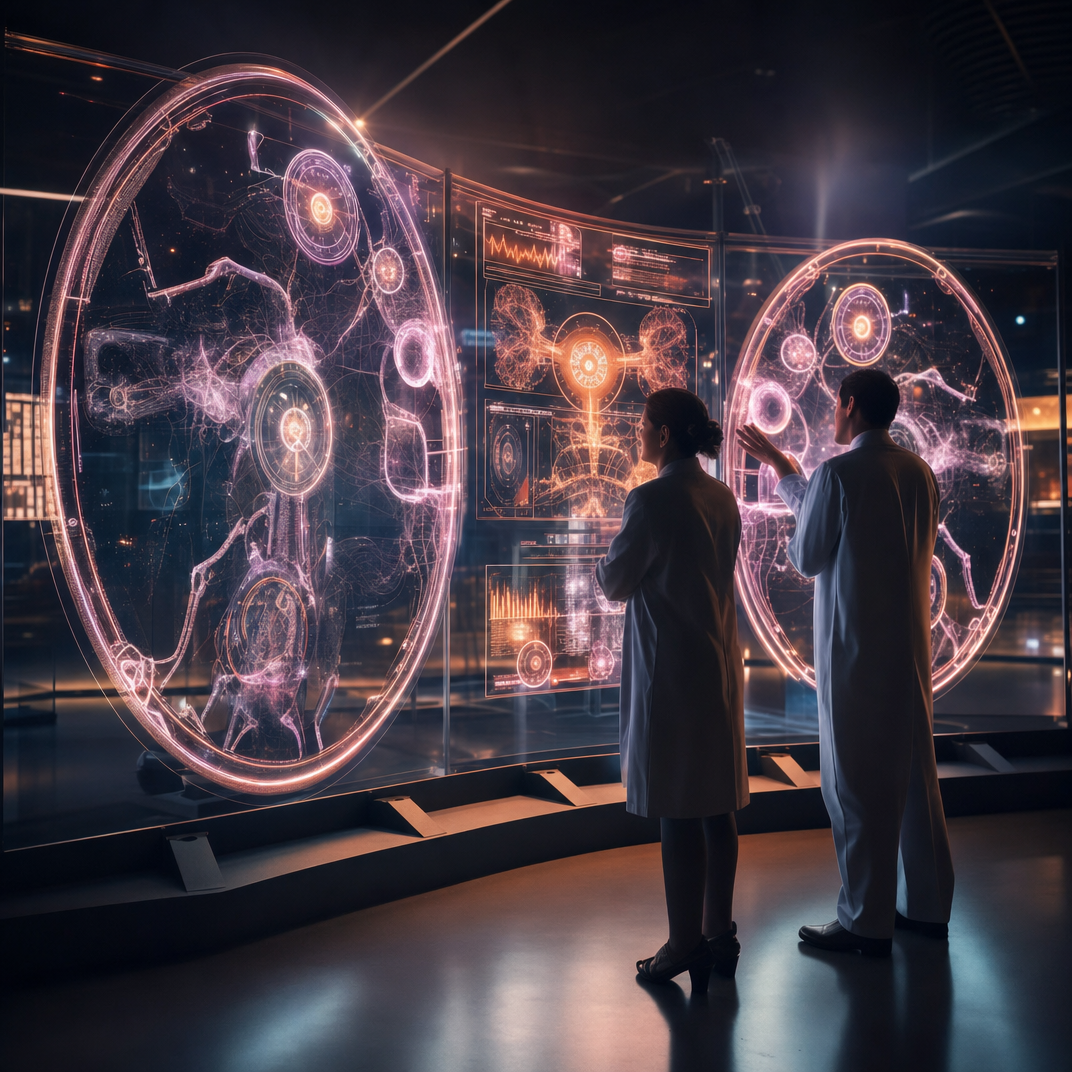 Researchers Viewing Magenta Holographic Medicine