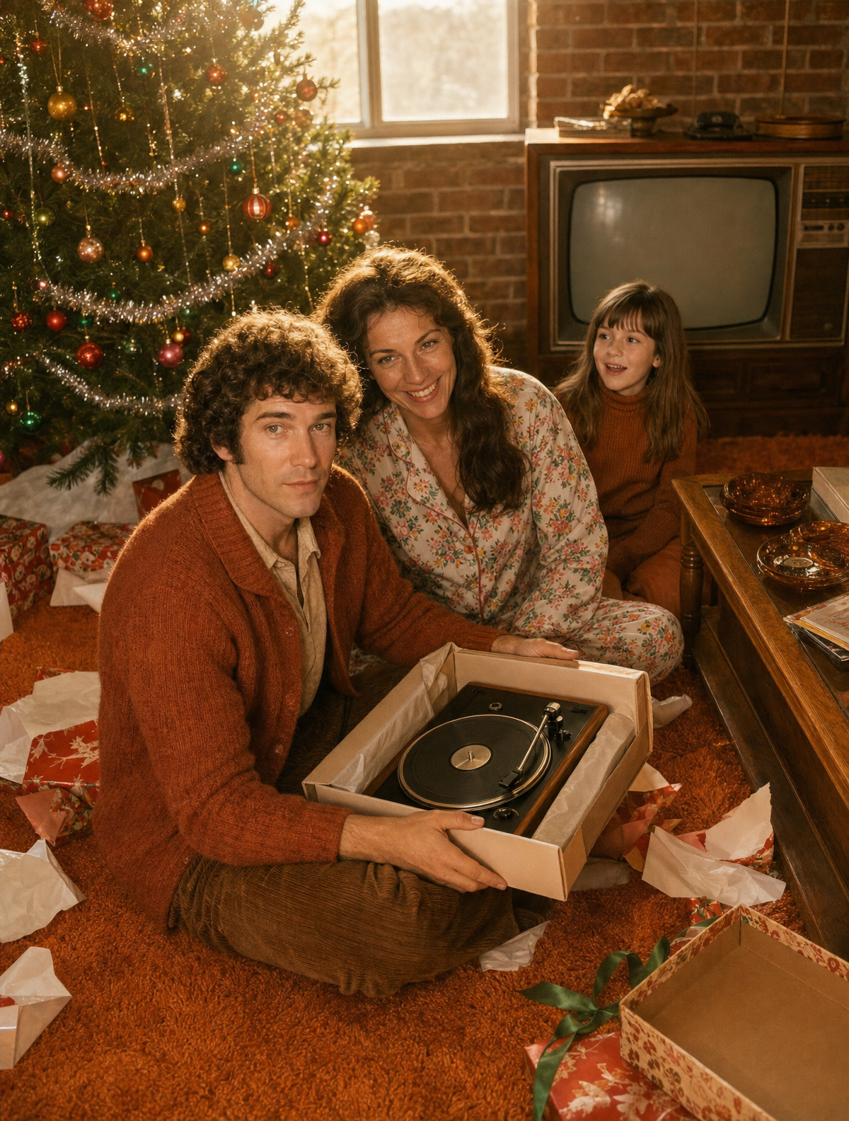 Seventies Family Christmas Morning with Record Player
