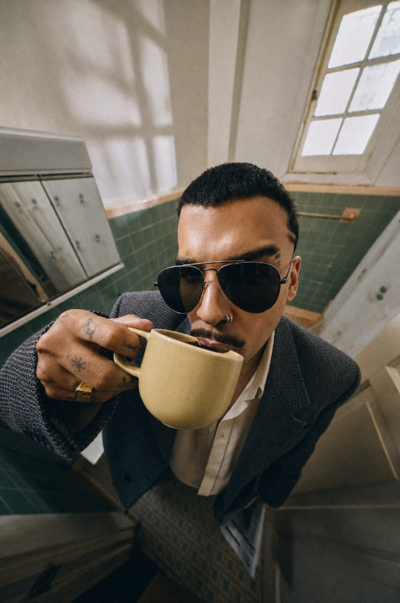 Retro Coffee Portrait with Black Aviators