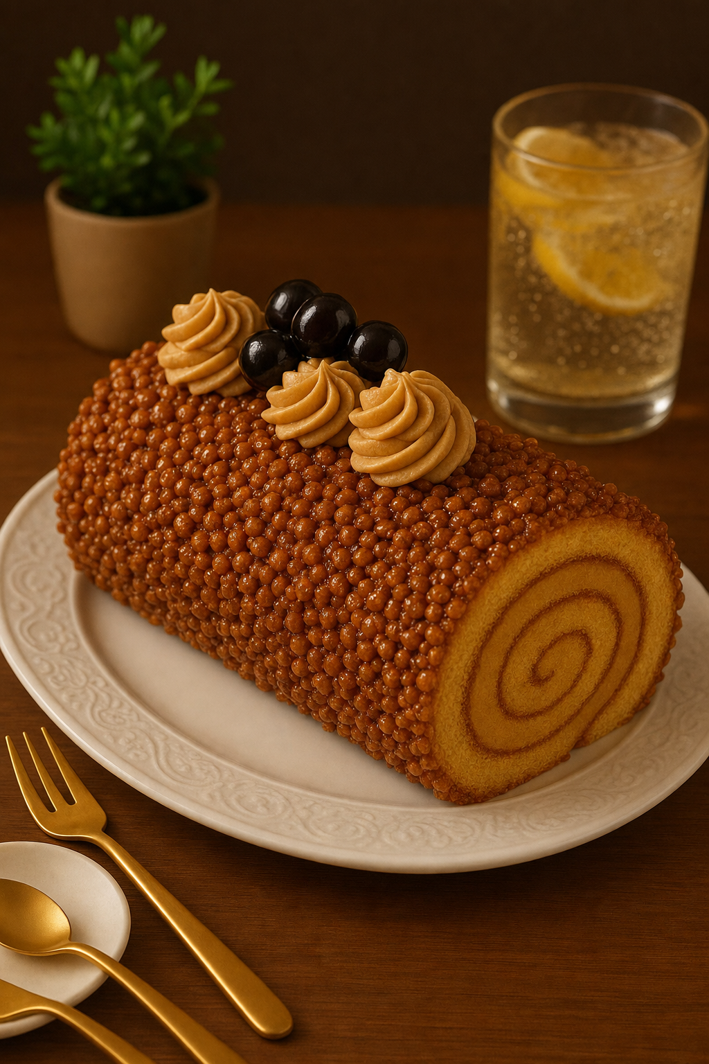Rolled sponge cake log with amber crunch pearls