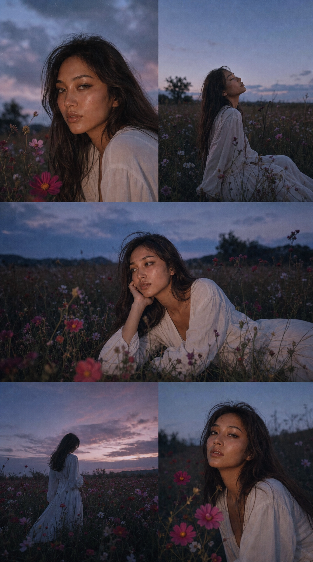 Solitary Woman in Twilight Wildflower Meadow