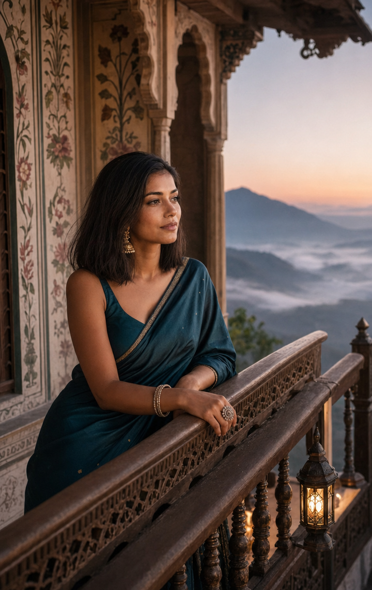 Woman in Saree on Palace Balcony Dawn