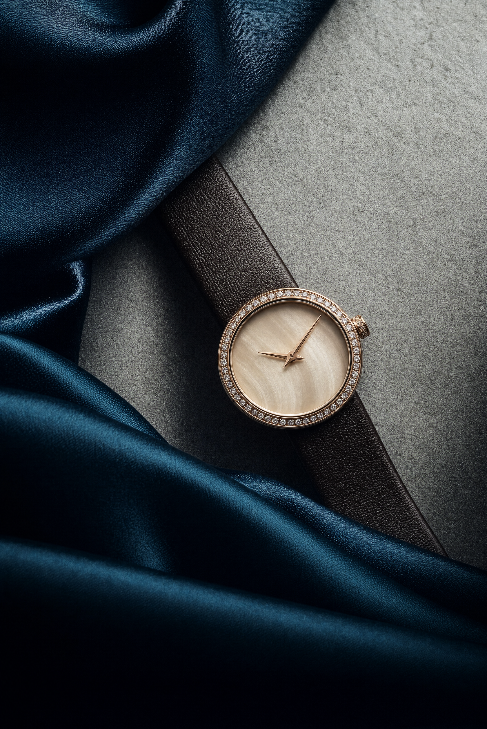 Rose-gold luxury watch on teal silk