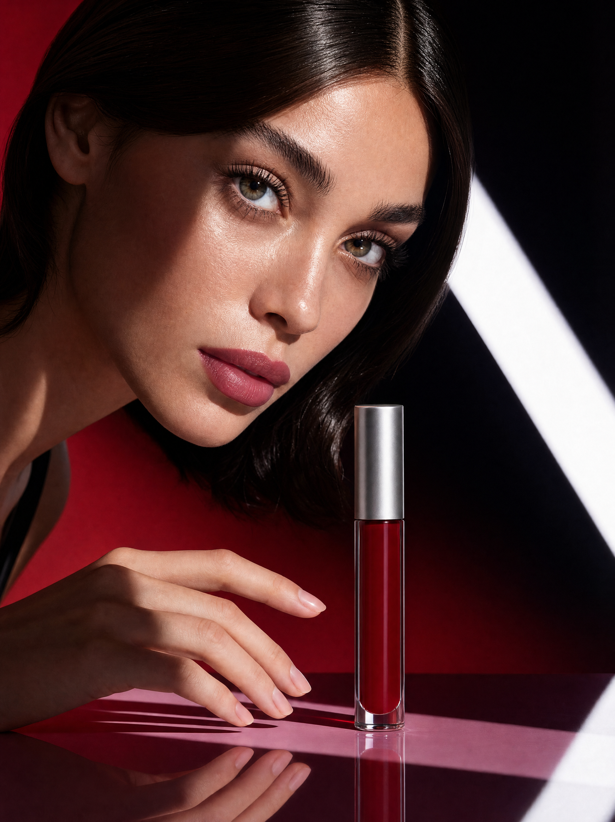 Rose-lip gloss on reflective plum