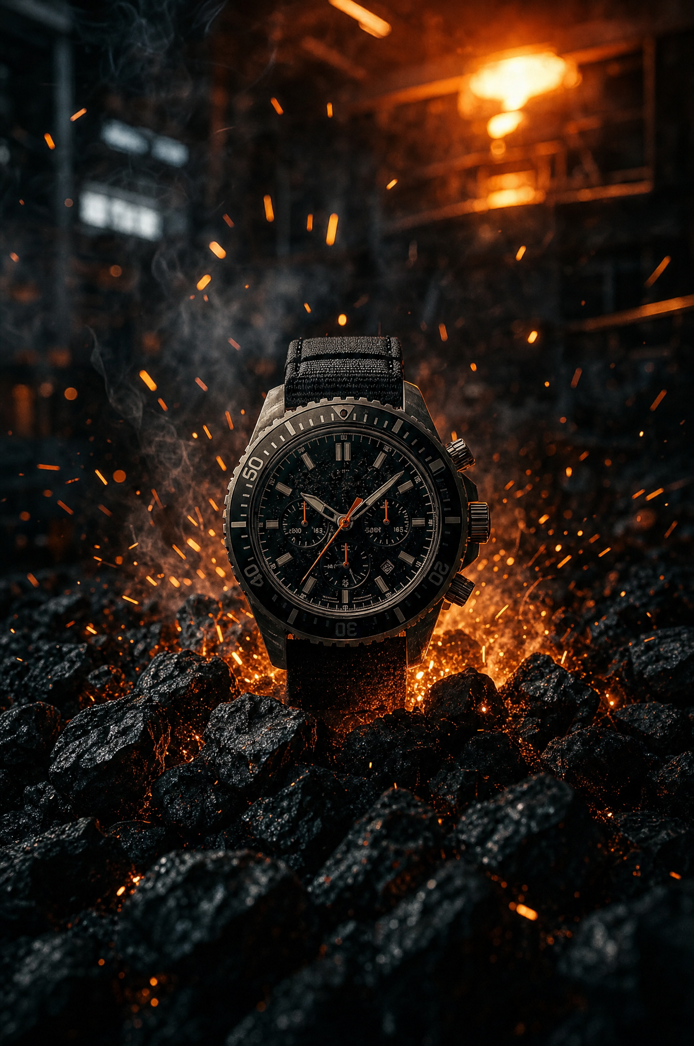 Rugged Military Watch on Black Rocks, Furnace Glow