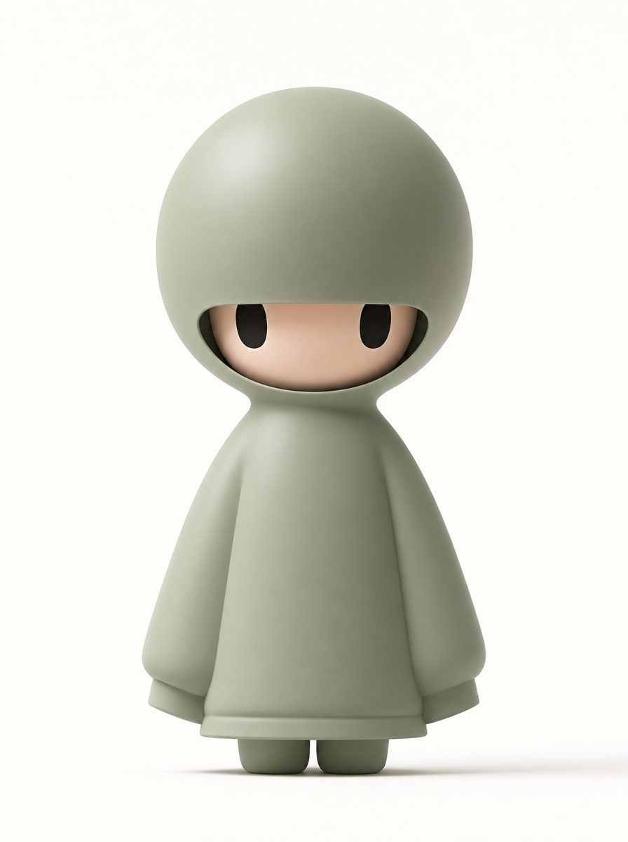 Sage-green hooded figure in studio