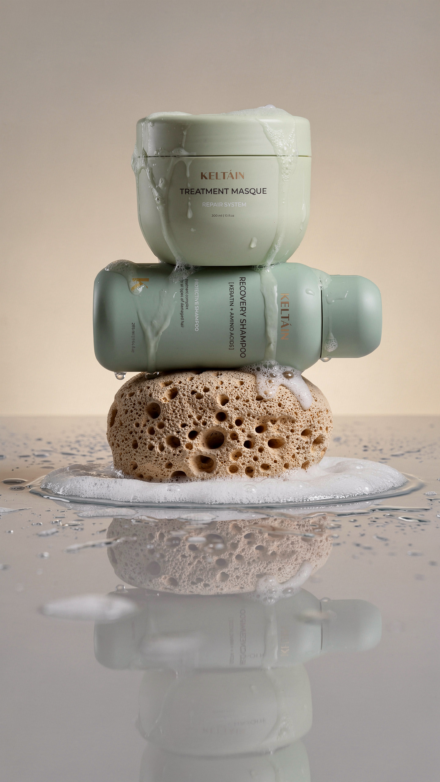 Sage green matte jar and bottle on wet stones