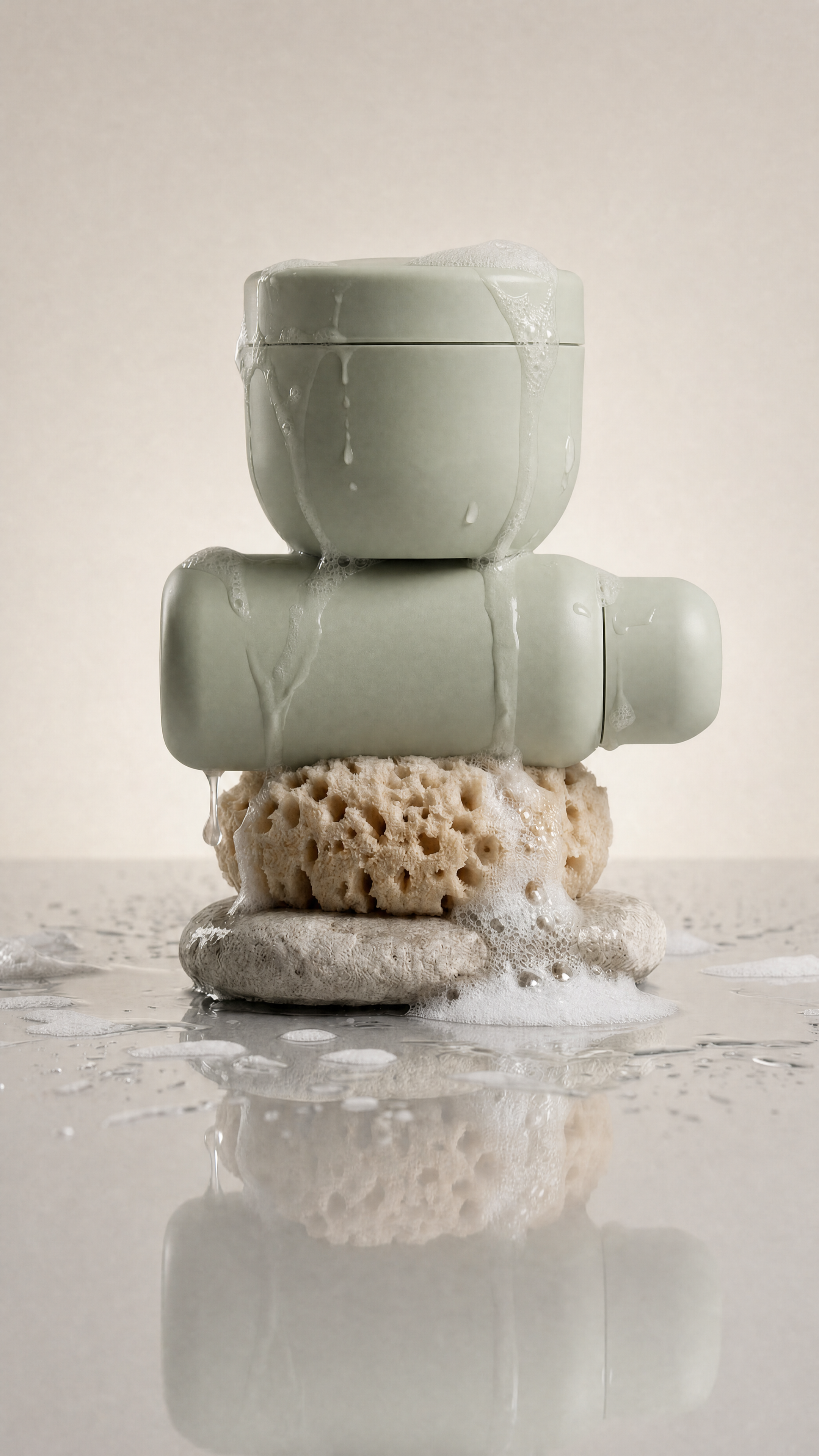 Sage green matte jar and bottle on wet stones — gpt-image-2