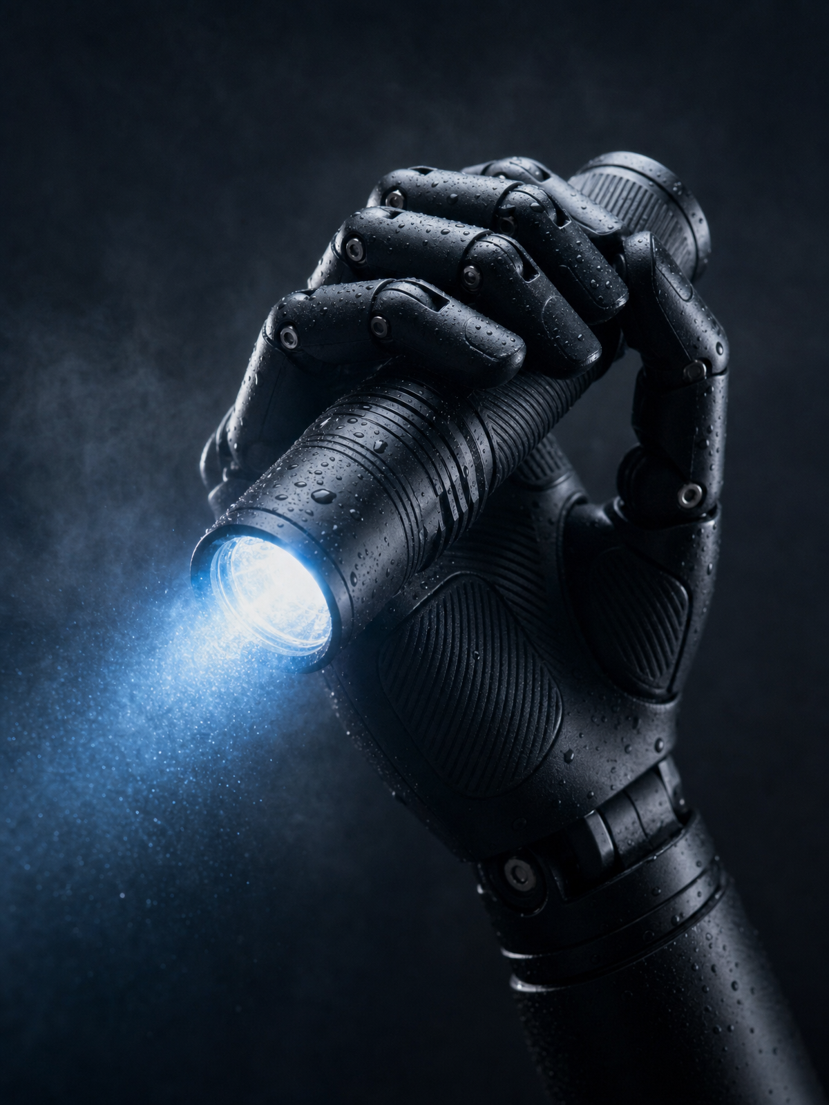 Satin-black robotic hand in blue fog