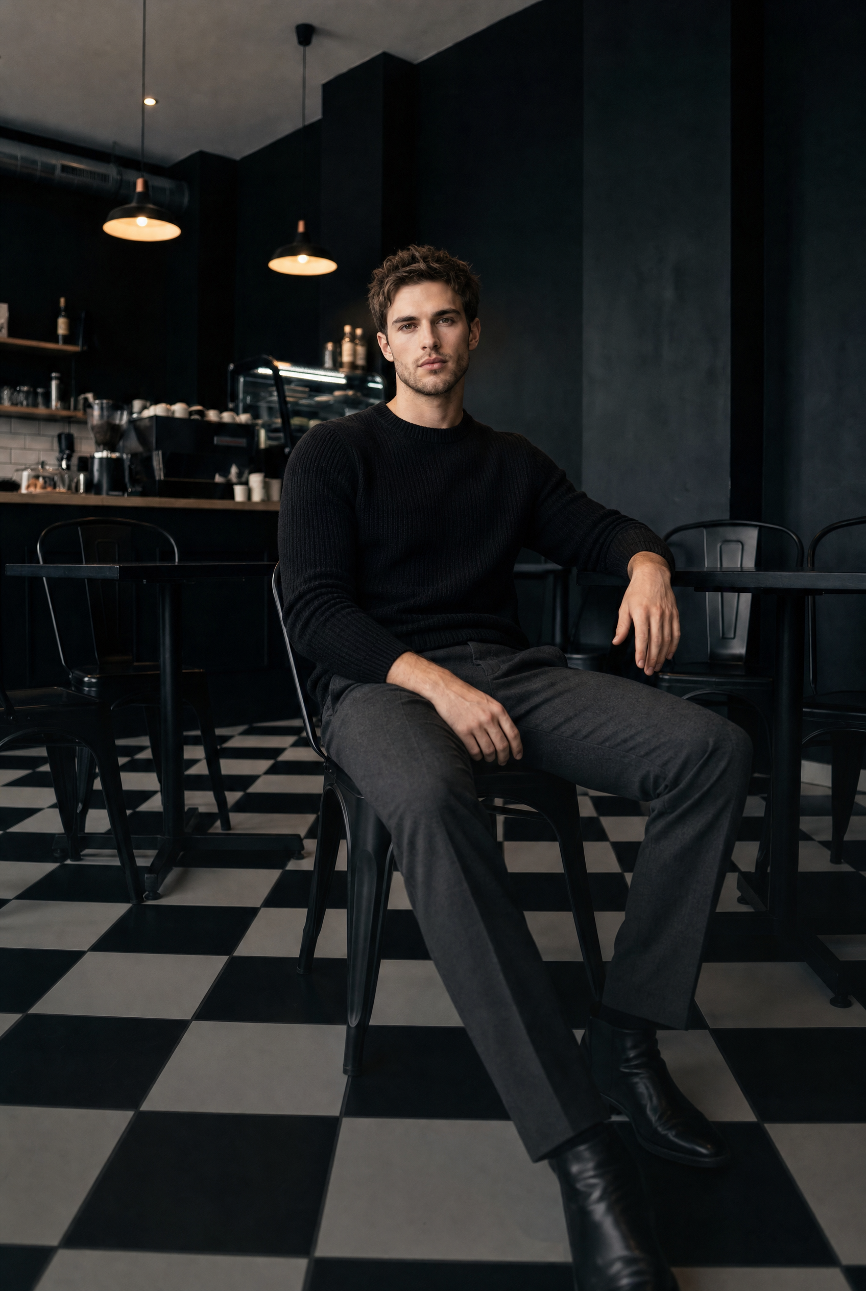 Seated Man in Black Knit Sweater Cafe