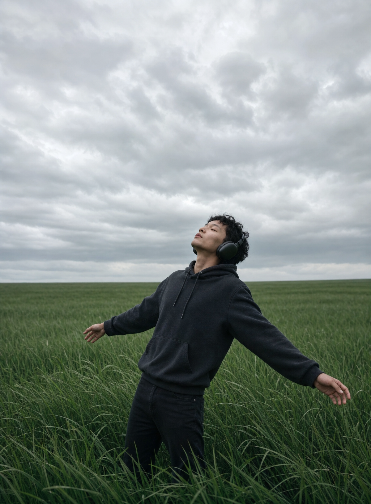 Serene figure in overcast tall grass