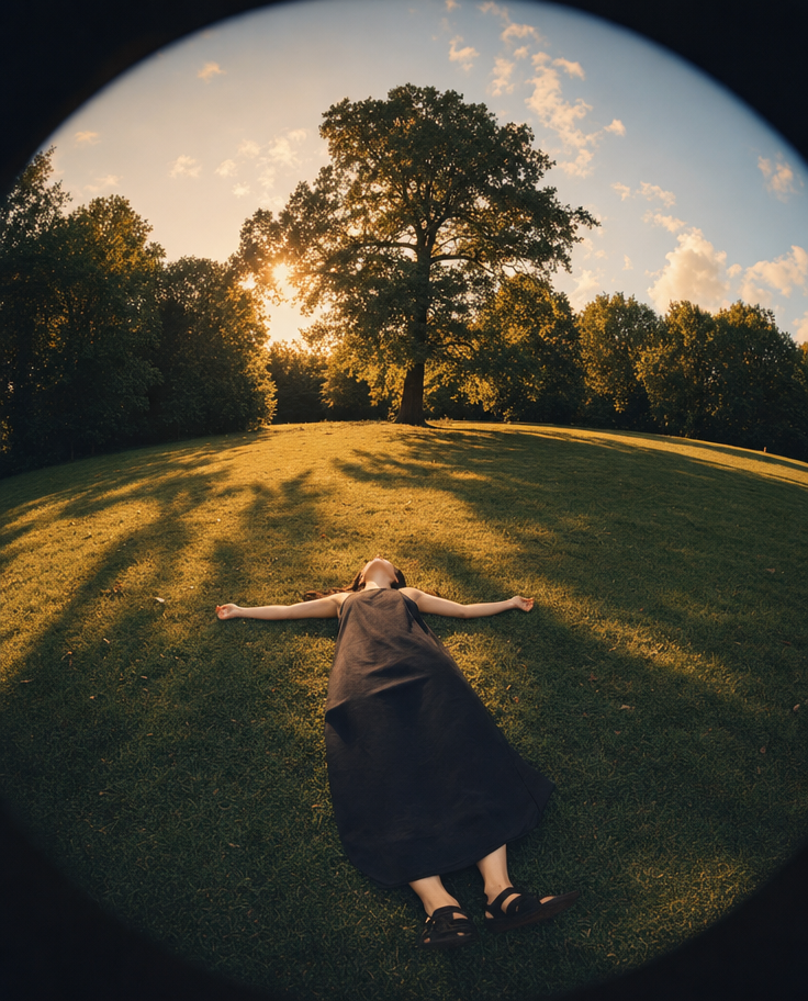 Serene meadow with fisheye evening glow
