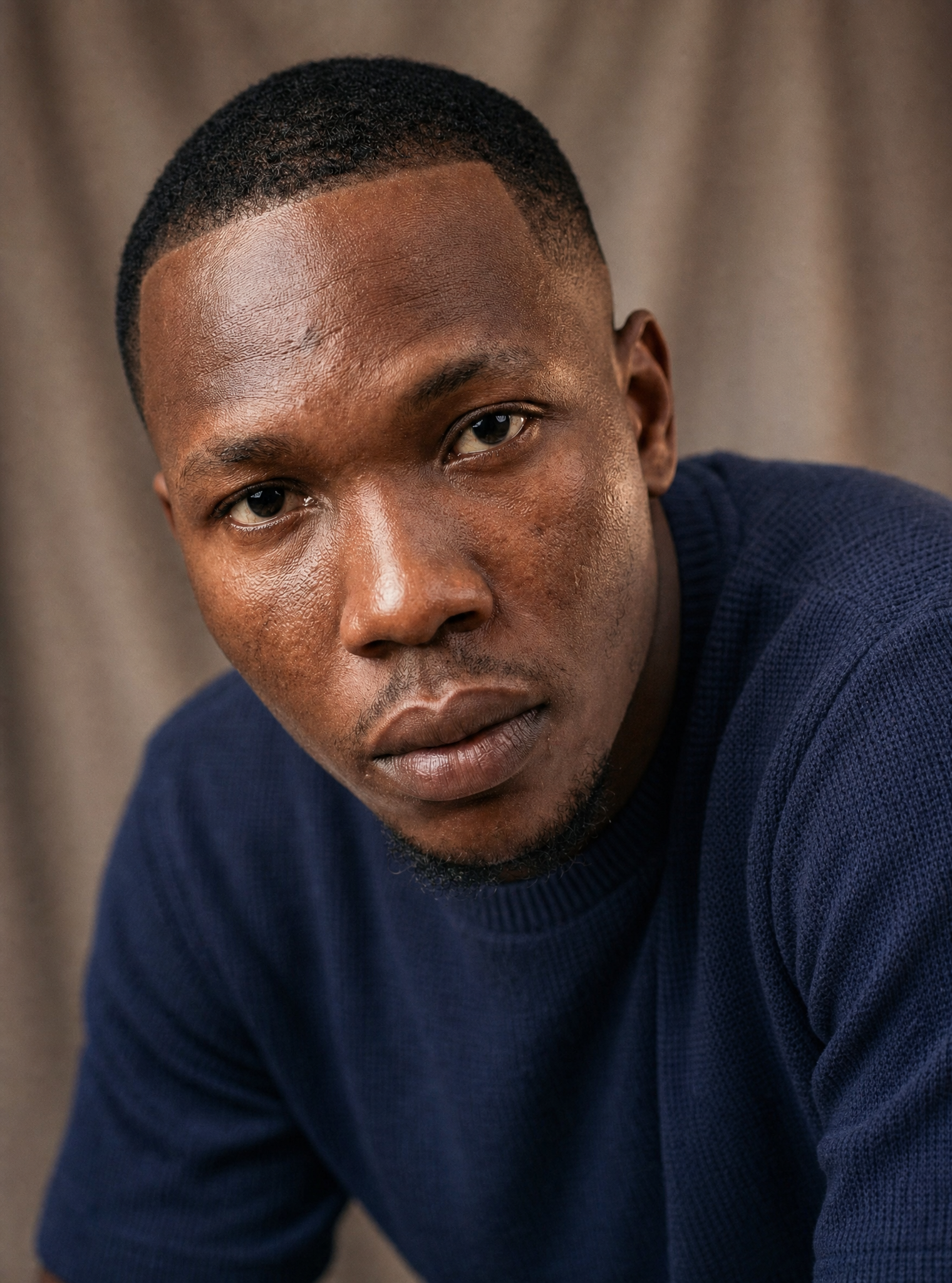 Serious Man in Navy Knit Portrait