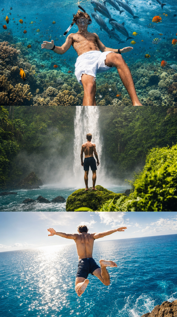 Shirtless Adventurer Underwater, Jungle Waterfall, Ocean Jump