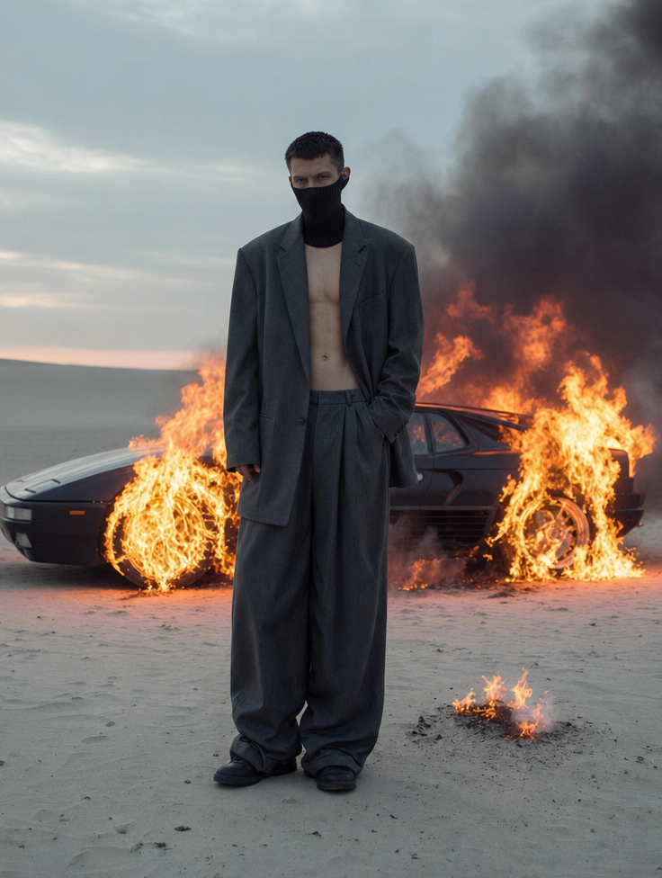 Shirtless Man in Charcoal Suit, Black Half-Mask