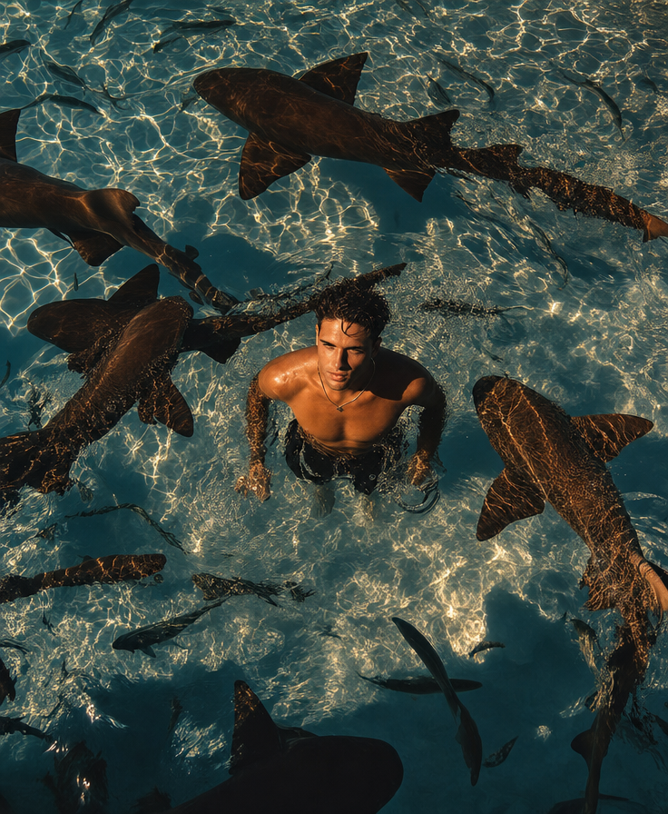 Shirtless man in teal water with circling sharks