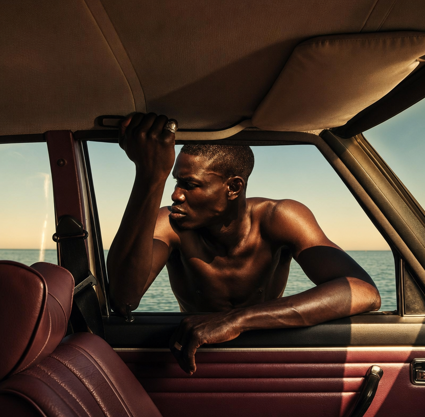 Shirtless Man, Vintage Car, Coastline Light