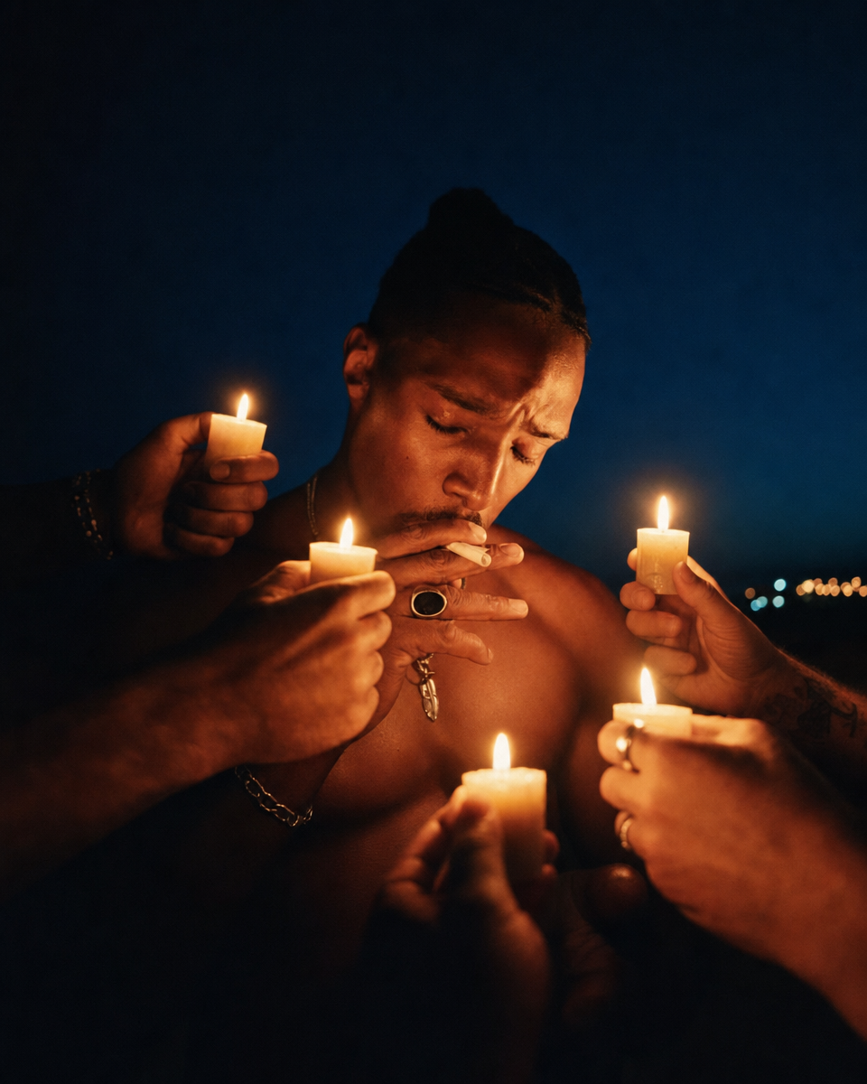 Shirtless Man With Hands Holding Amber Candles — gpt-image-2