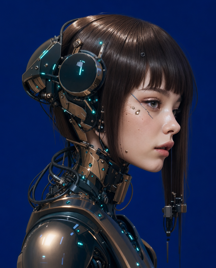 Side-profile cybernetic portrait in deep blue