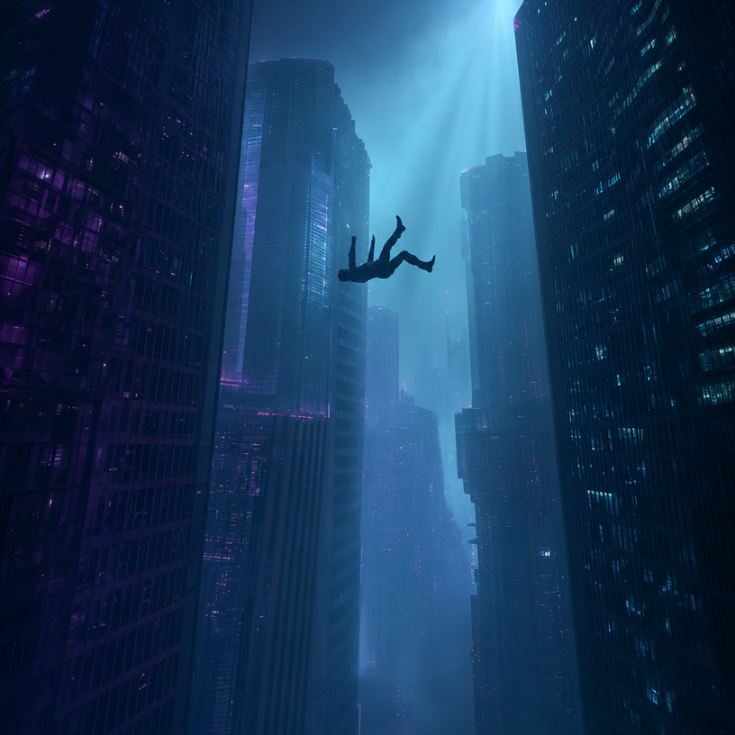 Silhouette in Blue Neon Skyscraper Canyon