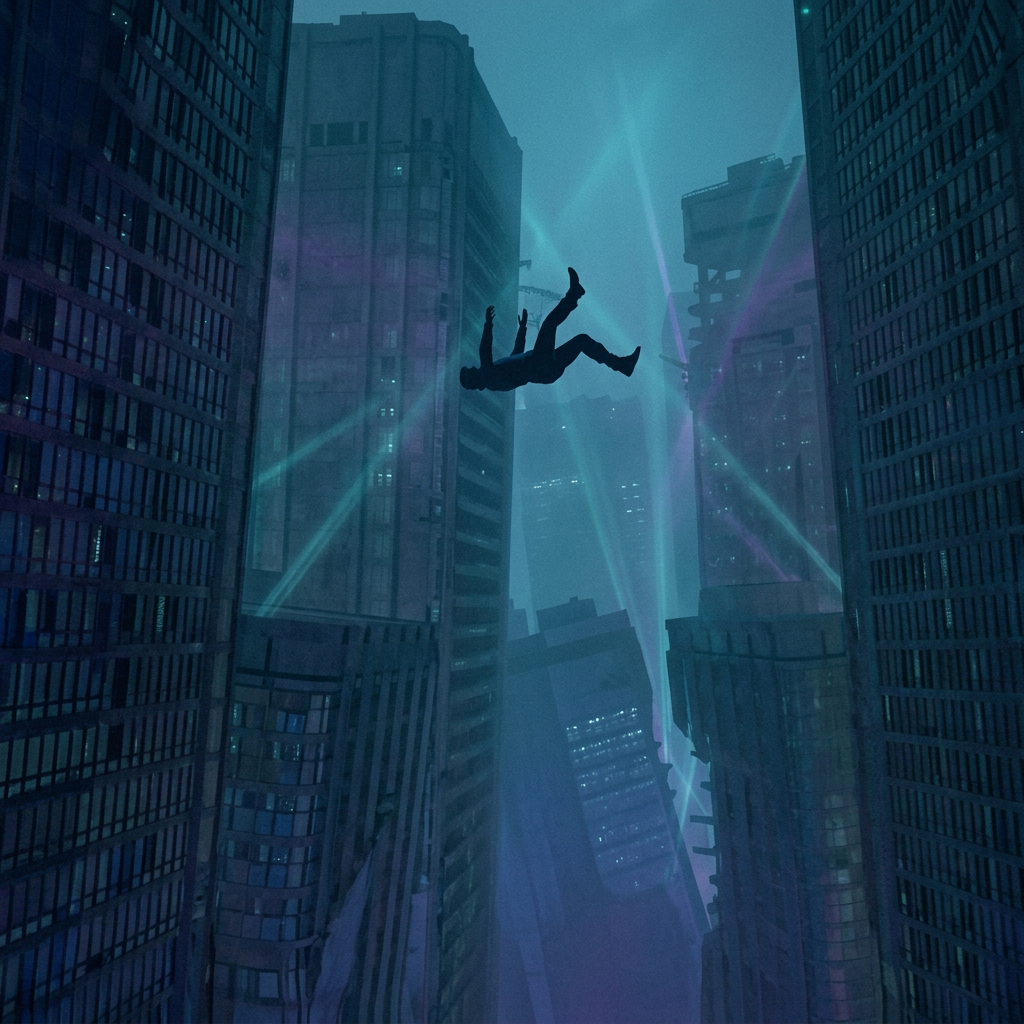 Silhouette in Blue Neon Skyscraper Canyon