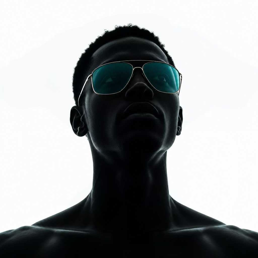 Silhouetted man with teal futuristic glasses