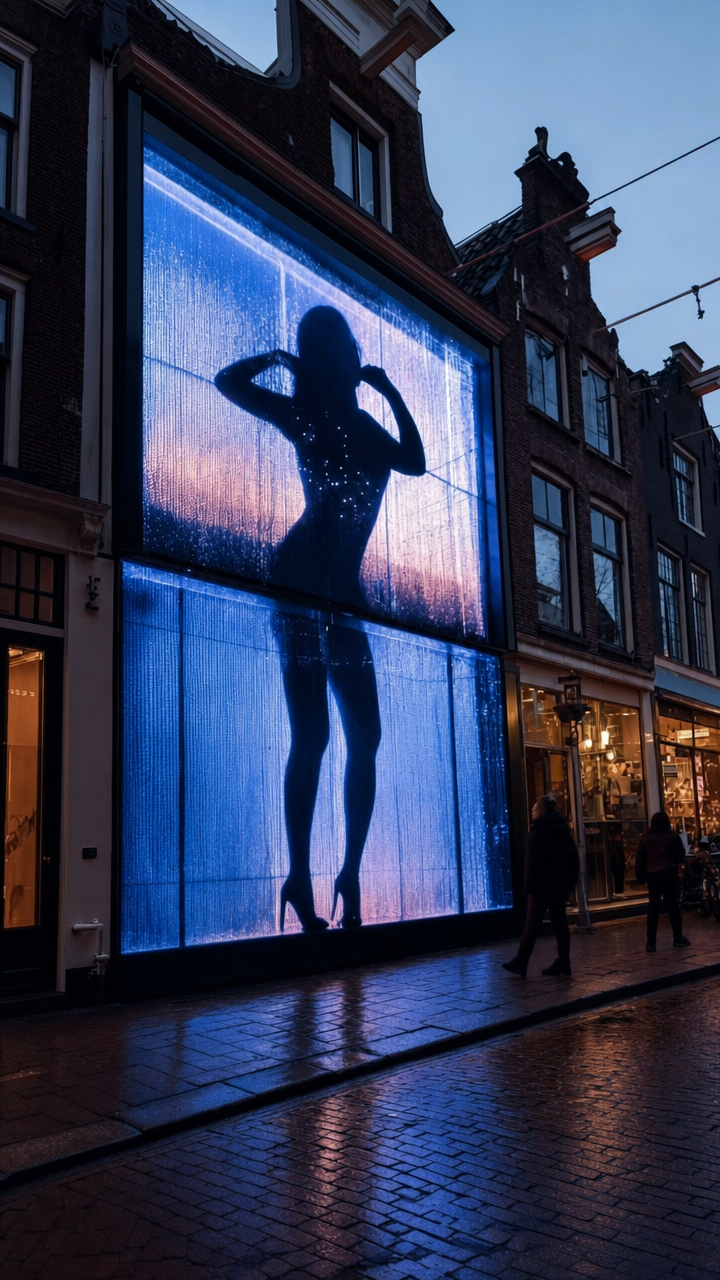 Silhouetted woman at blue glowing storefront window