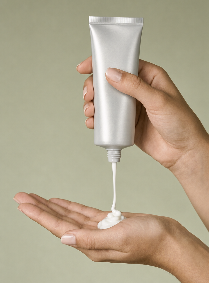 Silver BB cream tube dispensing into palm