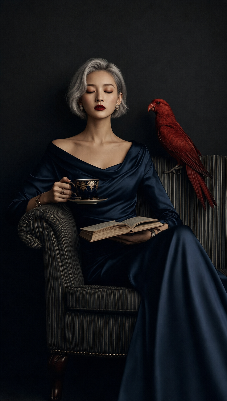 Silver Bob Woman in Navy Satin Holding Tea