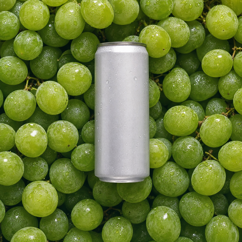 Silver energy can among dewy grapes