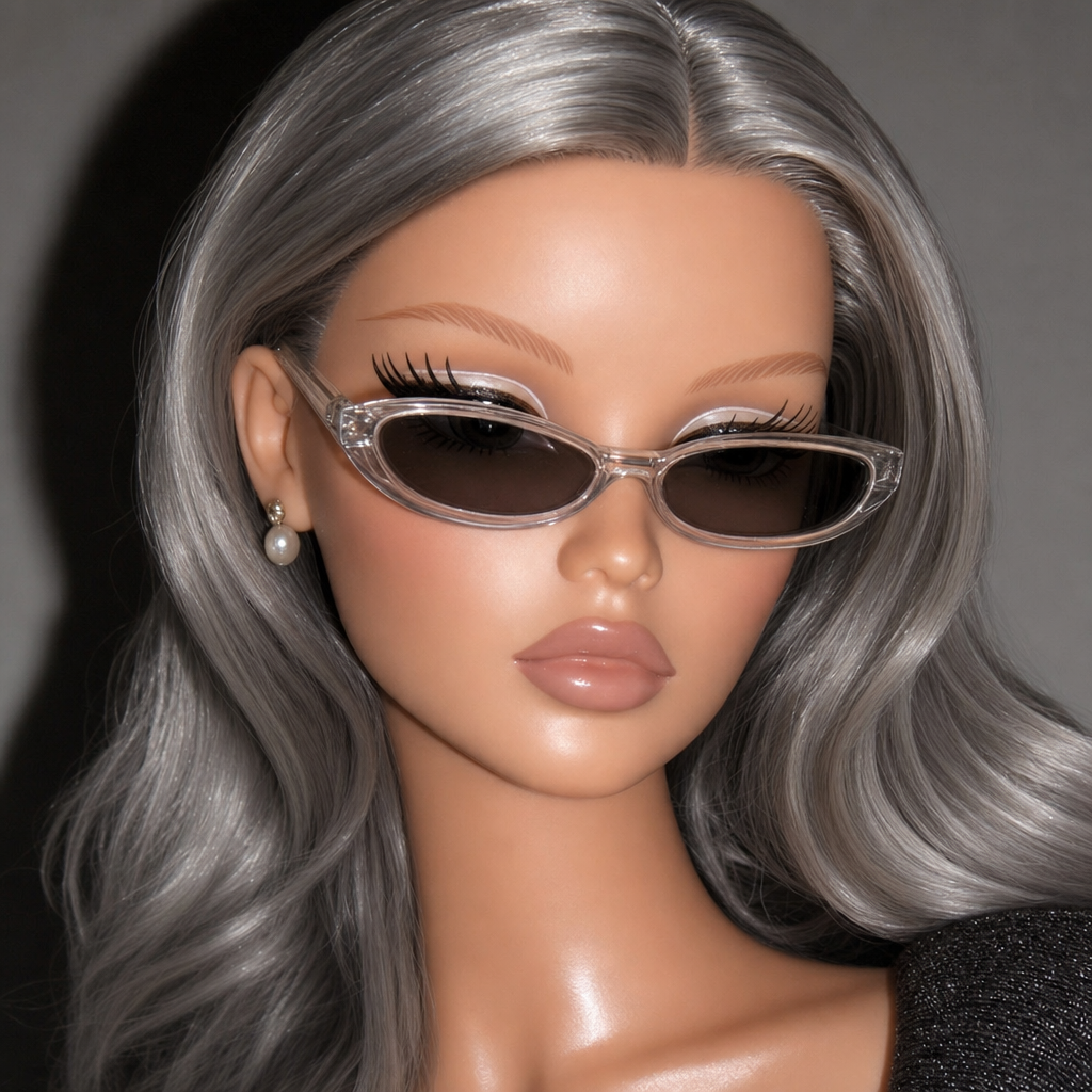 Silver-haired glam fashion doll close-up