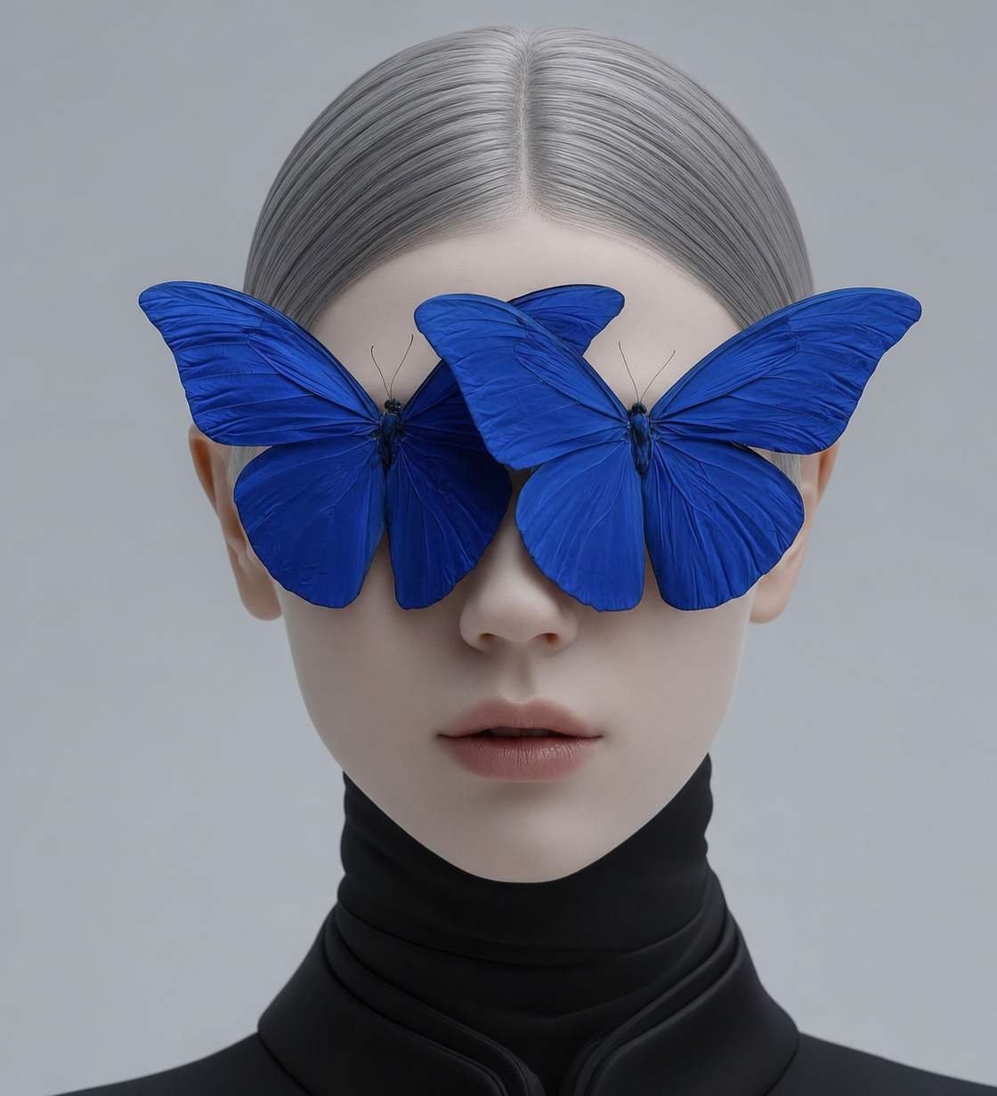 Silver-haired model with cobalt eye butterflies