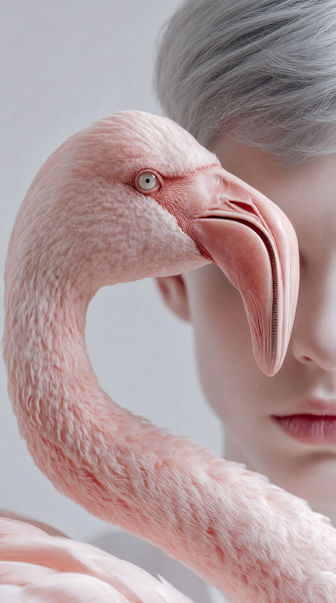Silver-haired model with coral flamingo