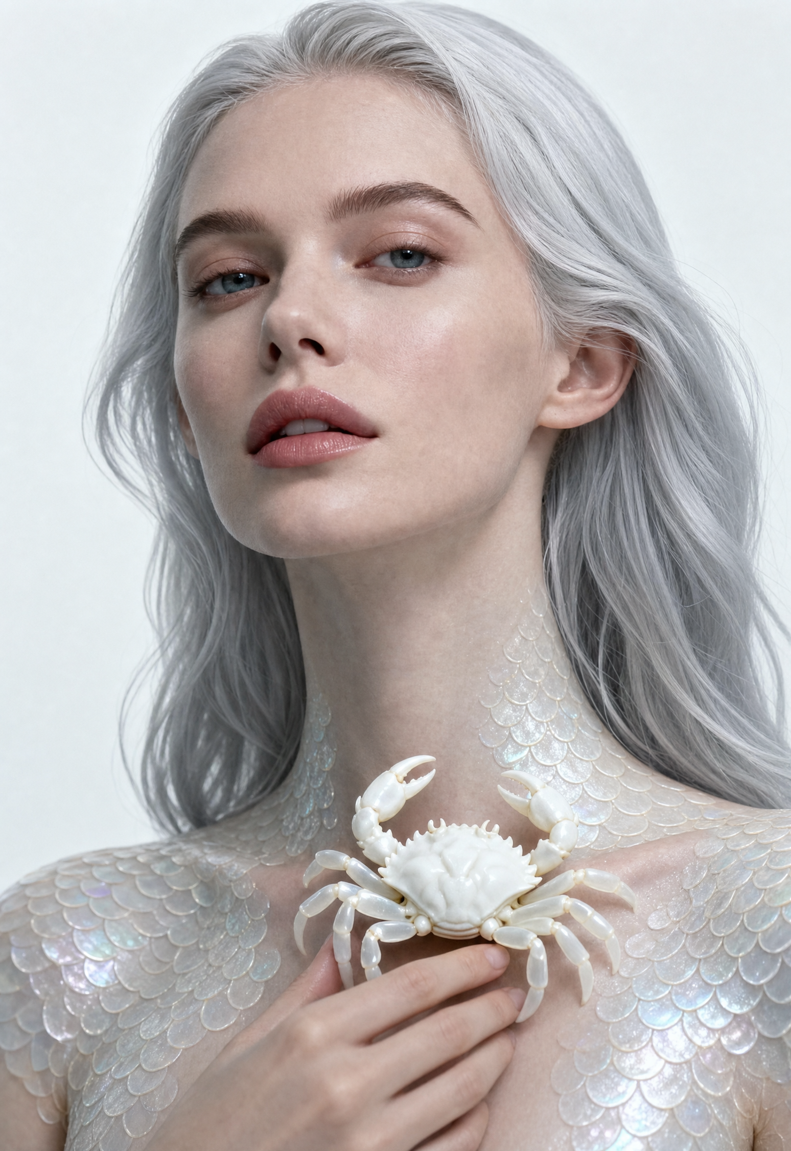 Silver-haired surreal couture portrait
